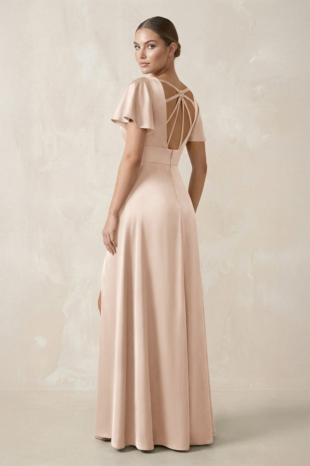 Short Sleeve V - Neck A - Line Satin Bridesmaid Dress With Slit in Buttercream - KISS BRIDAL Bridesmaid Dresses