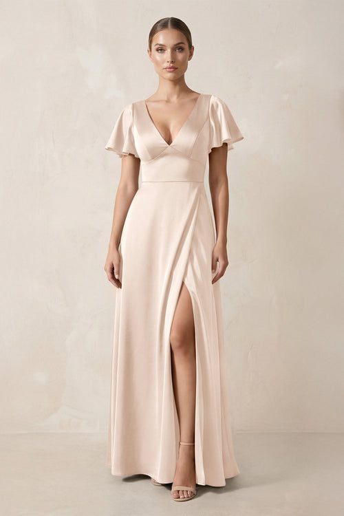 Short Sleeve V - Neck A - Line Satin Bridesmaid Dress With Slit in Buttercream - KISS BRIDAL Bridesmaid Dresses