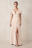 Short Sleeve V-Neck A-Line Satin Bridesmaid Dress With Slit in Buttercream | KISSBRIDAL