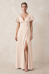 Short Sleeve V-Neck A-Line Satin Bridesmaid Dress With Slit in Buttercream | KISSBRIDAL