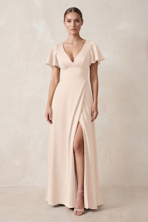 Short Sleeve V-Neck A-Line Satin Bridesmaid Dress With Slit in Buttercream | KISSBRIDAL