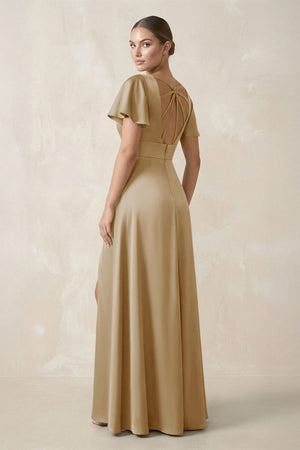 Short Sleeve V - Neck A - Line Satin Bridesmaid Dress With Slit in Champagne - SHE IS ME Bridesmaid Dresses