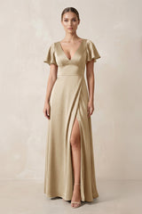 Short Sleeve V - Neck A - Line Satin Bridesmaid Dress With Slit in Champagne - KISS BRIDAL Bridesmaid Dresses