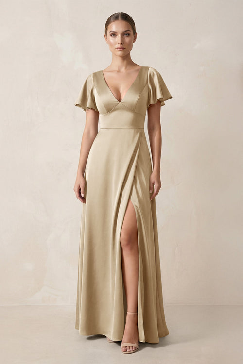 Short Sleeve V - Neck A - Line Satin Bridesmaid Dress With Slit in Champagne - SHE IS ME Bridesmaid Dresses