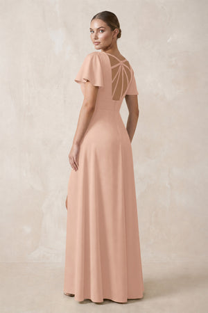 Short Sleeve V-Neck A-Line Satin Bridesmaid Dress With Slit in Champagne Rose (2) | KISSBRIDAL