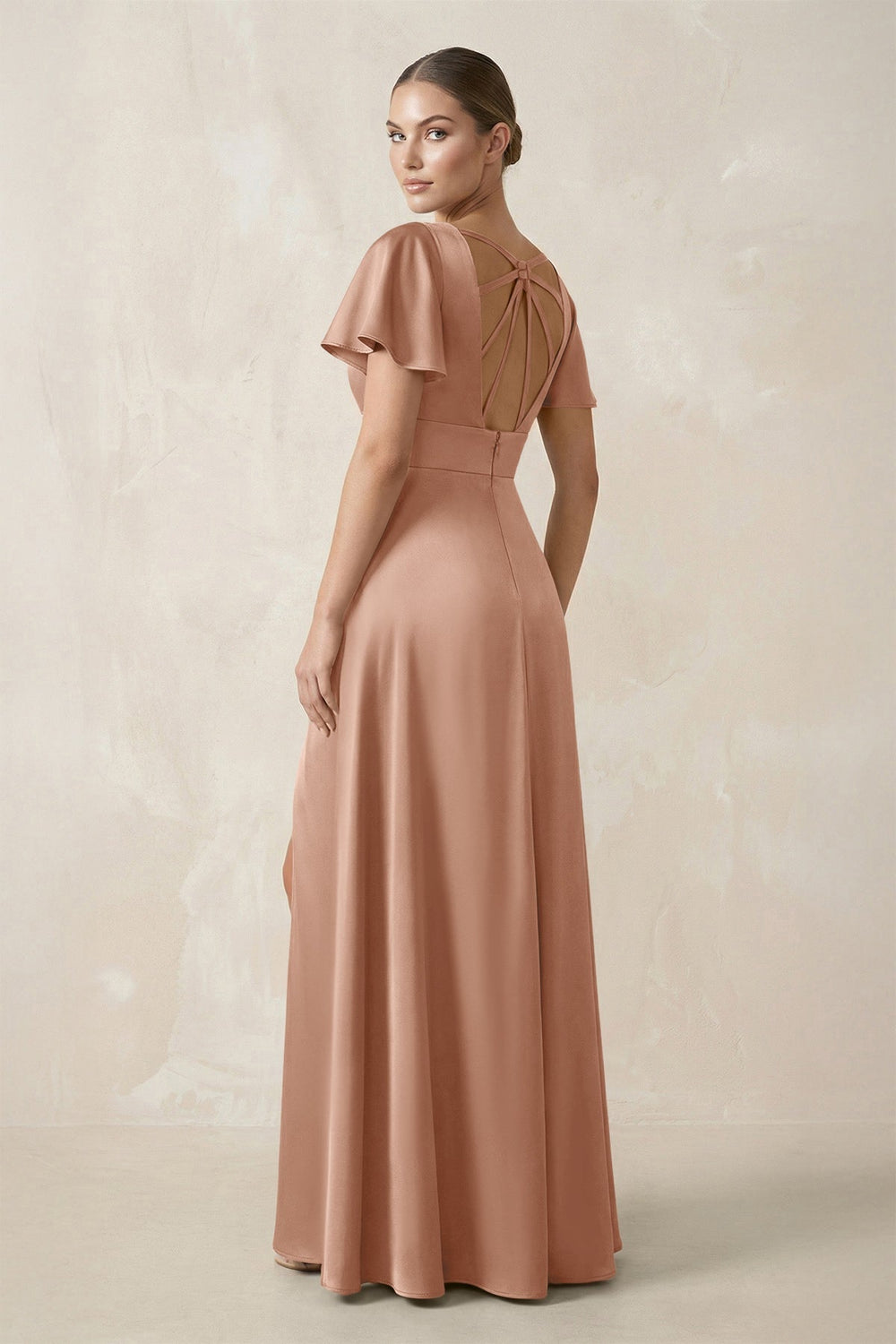 Short Sleeve V - Neck A - Line Satin Bridesmaid Dress With Slit in Champagne Rose - KISS BRIDAL Bridesmaid Dresses