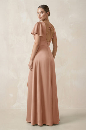 Short Sleeve V - Neck A - Line Satin Bridesmaid Dress With Slit in Champagne Rose - KISS BRIDAL Bridesmaid Dresses