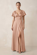 Short Sleeve V - Neck A - Line Satin Bridesmaid Dress With Slit in Champagne Rose - KISS BRIDAL Bridesmaid Dresses