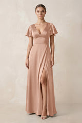 Short Sleeve V - Neck A - Line Satin Bridesmaid Dress With Slit in Champagne Rose - KISS BRIDAL Bridesmaid Dresses