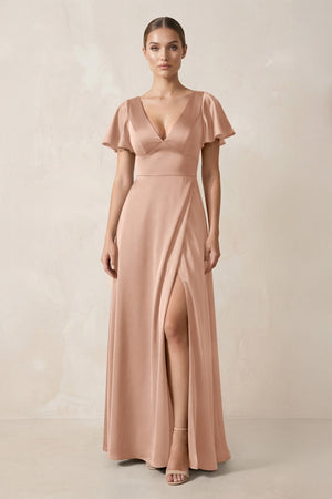Short Sleeve V - Neck A - Line Satin Bridesmaid Dress With Slit in Champagne Rose - KISS BRIDAL Bridesmaid Dresses