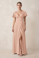 Short Sleeve V-Neck A-Line Satin Bridesmaid Dress With Slit in Champagne Rose | KISSBRIDAL