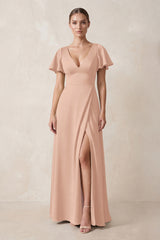 Short Sleeve V-Neck A-Line Satin Bridesmaid Dress With Slit in Champagne Rose | KISSBRIDAL