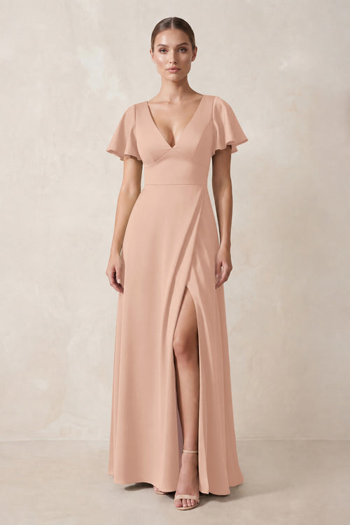 Short Sleeve V-Neck A-Line Satin Bridesmaid Dress With Slit in Champagne Rose | KISSBRIDAL