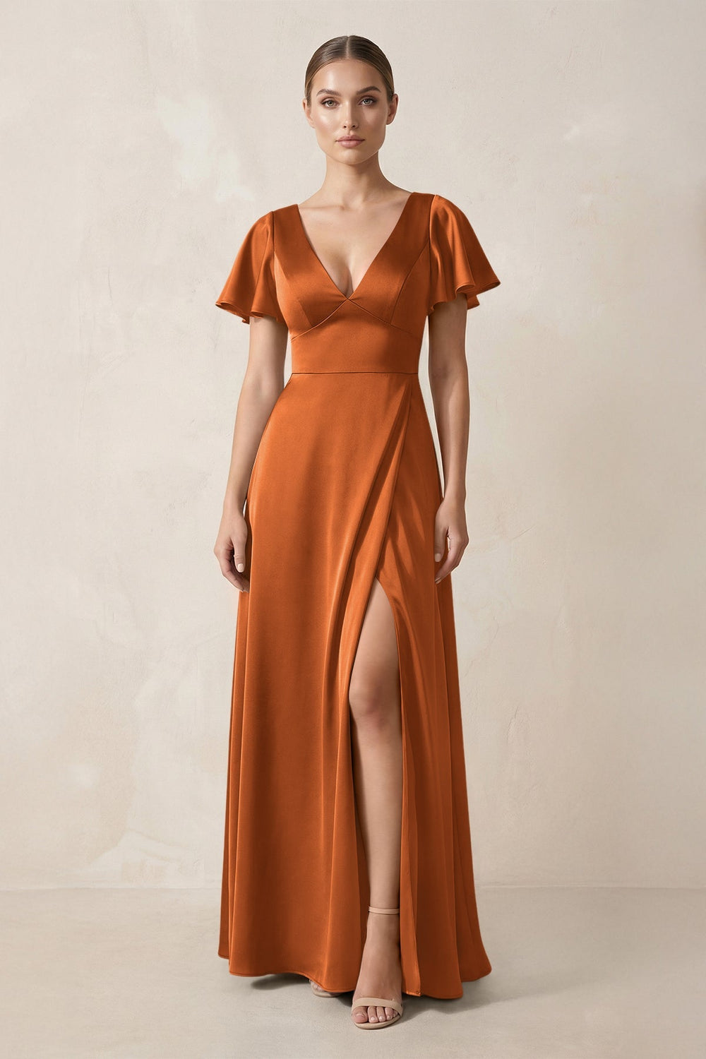 Short Sleeve V - Neck A - Line Satin Bridesmaid Dress With Slit in Cinnamon - KISS BRIDAL Bridesmaid Dresses
