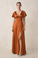 Short Sleeve V - Neck A - Line Satin Bridesmaid Dress With Slit in Cinnamon - KISS BRIDAL Bridesmaid Dresses