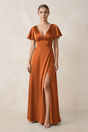 Short Sleeve V - Neck A - Line Satin Bridesmaid Dress With Slit in Cinnamon - KISS BRIDAL Bridesmaid Dresses