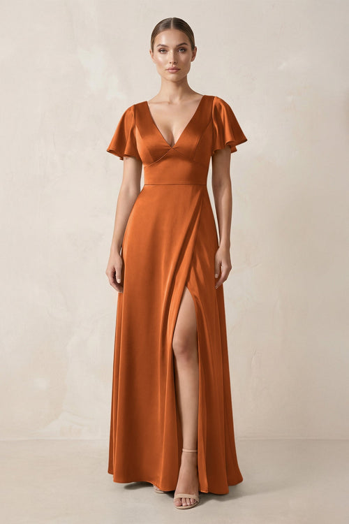 Short Sleeve V - Neck A - Line Satin Bridesmaid Dress With Slit in Cinnamon - KISS BRIDAL Bridesmaid Dresses