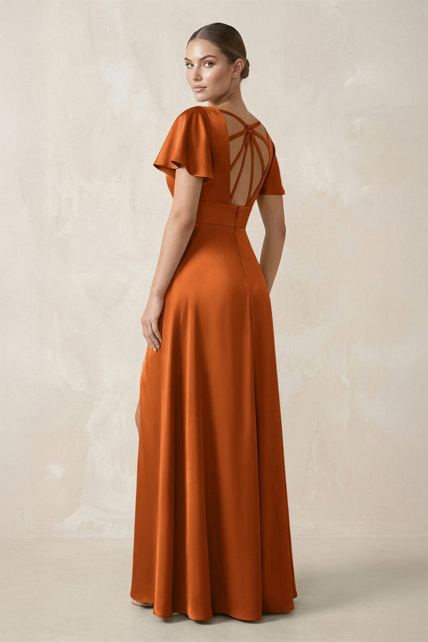 Short Sleeve V - Neck A - Line Satin Bridesmaid Dress With Slit in Cinnamon - KISS BRIDAL Bridesmaid Dresses