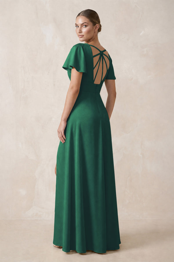 Short Sleeve V-Neck A-Line Satin Bridesmaid Dress With Slit in Dark Green (2) | KISSBRIDAL