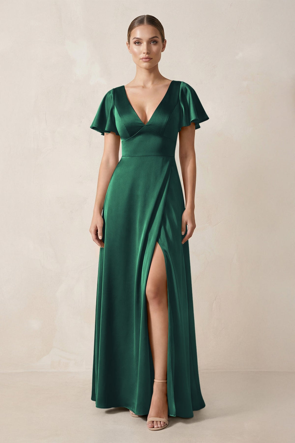 Short Sleeve V - Neck A - Line Satin Bridesmaid Dress With Slit in Dark Green - KISS BRIDAL Bridesmaid Dresses