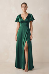 Short Sleeve V - Neck A - Line Satin Bridesmaid Dress With Slit in Dark Green - KISS BRIDAL Bridesmaid Dresses
