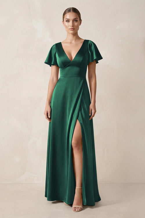 Short Sleeve V - Neck A - Line Satin Bridesmaid Dress With Slit in Dark Green - SHE IS ME Bridesmaid Dresses