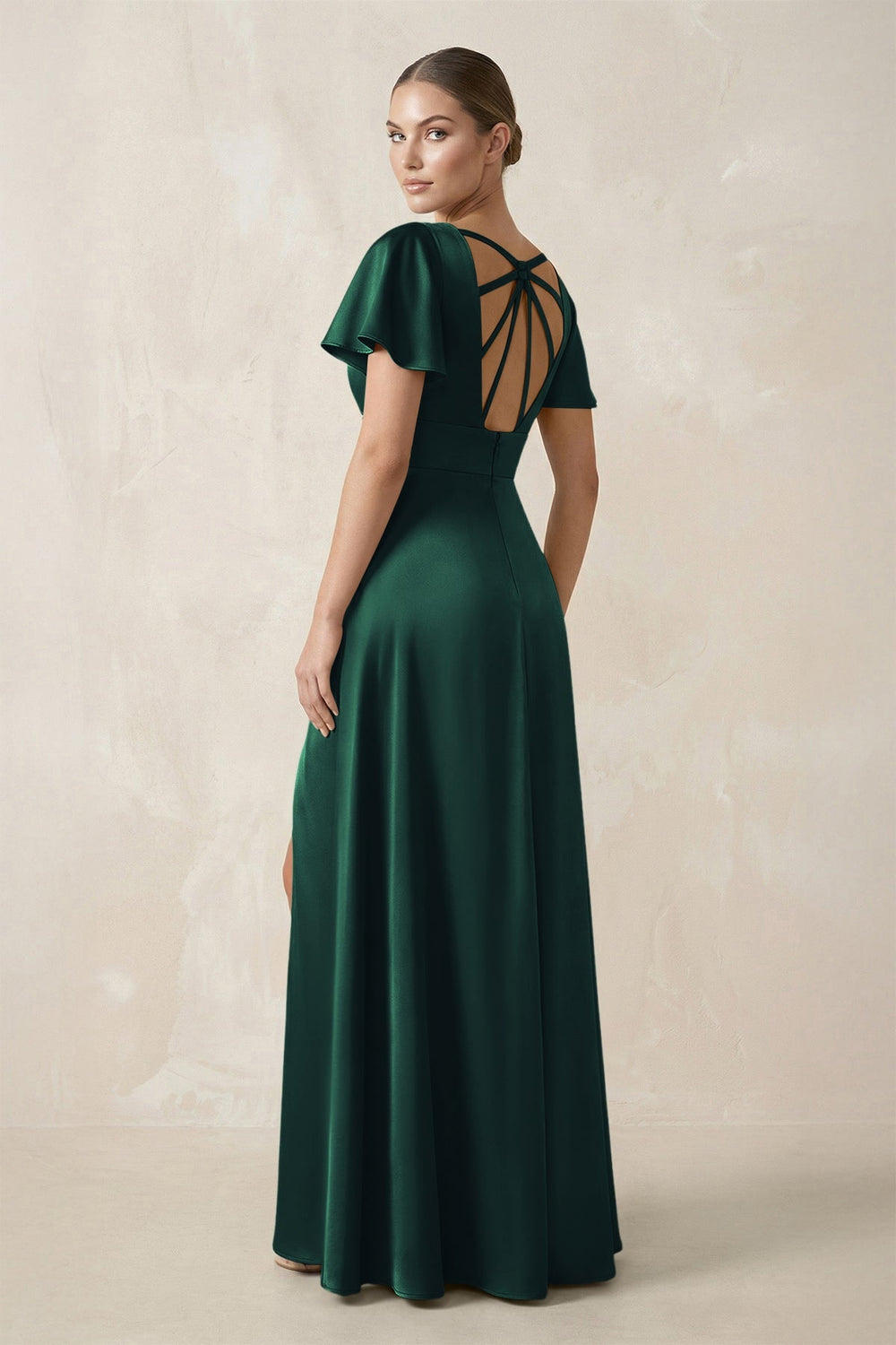 Short Sleeve V - Neck A - Line Satin Bridesmaid Dress With Slit in Dark Green - KISS BRIDAL Bridesmaid Dresses