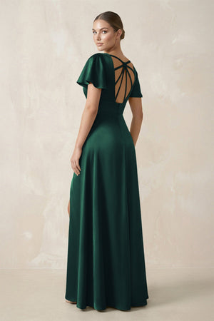 Short Sleeve V - Neck A - Line Satin Bridesmaid Dress With Slit in Dark Green - SHE IS ME Bridesmaid Dresses