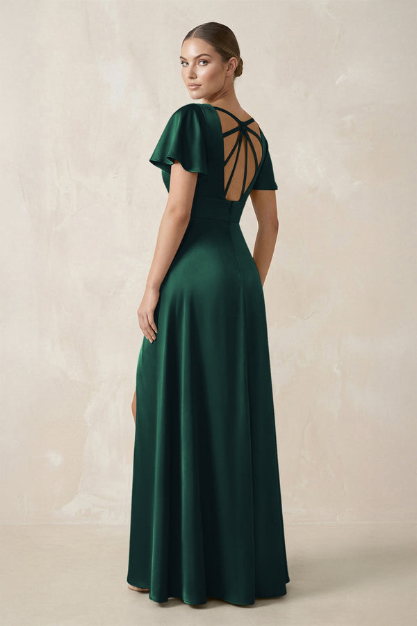 Short Sleeve V - Neck A - Line Satin Bridesmaid Dress With Slit in Dark Green - SHE IS ME Bridesmaid Dresses