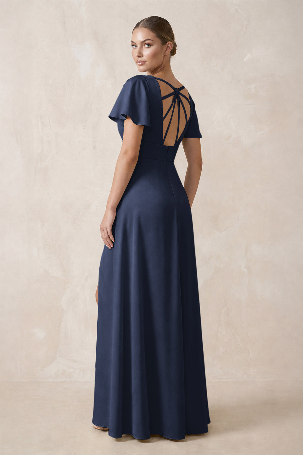 Short Sleeve V-Neck A-Line Satin Bridesmaid Dress With Slit in Dark Navy