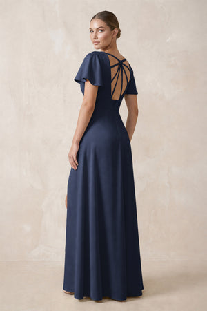 Short Sleeve V-Neck A-Line Satin Bridesmaid Dress With Slit in Dark Navy (2) | KISSBRIDAL