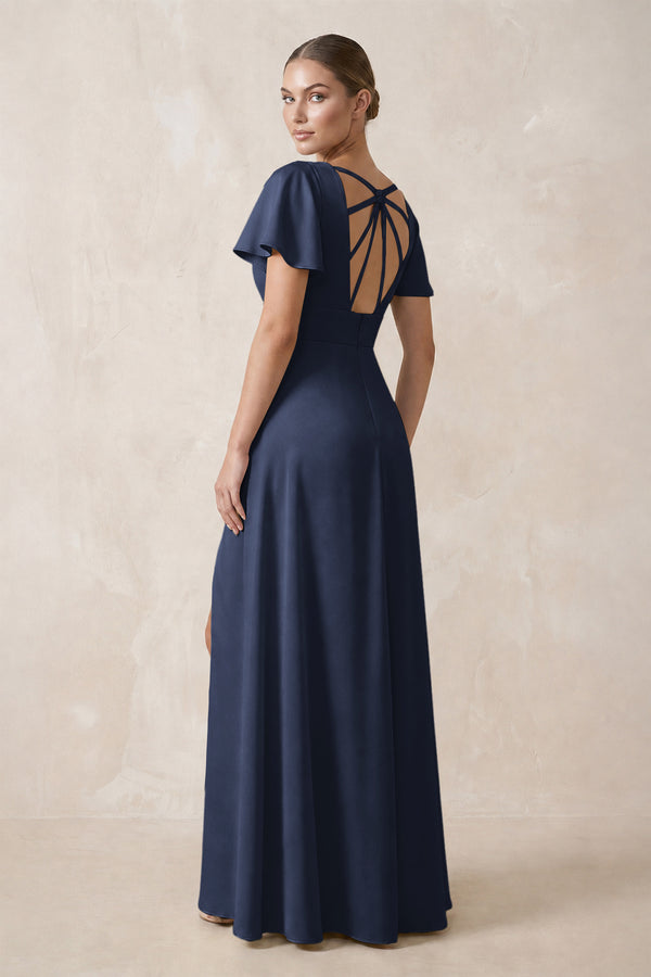 Short Sleeve V-Neck A-Line Satin Bridesmaid Dress With Slit in Dark Navy (2) | KISSBRIDAL