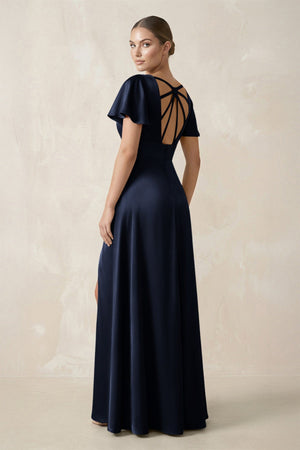 Short Sleeve V - Neck A - Line Satin Bridesmaid Dress With Slit in Dark Navy - SHE IS ME Bridesmaid Dresses