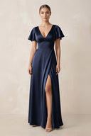 Short Sleeve V - Neck A - Line Satin Bridesmaid Dress With Slit in Dark Navy - SHE IS ME Bridesmaid Dresses