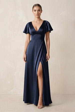 Short Sleeve V - Neck A - Line Satin Bridesmaid Dress With Slit in Dark Navy - SHE IS ME Bridesmaid Dresses