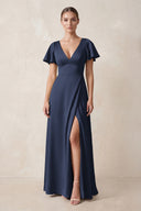 Short Sleeve V-Neck A-Line Satin Bridesmaid Dress With Slit in Dark Navy | KISSBRIDAL