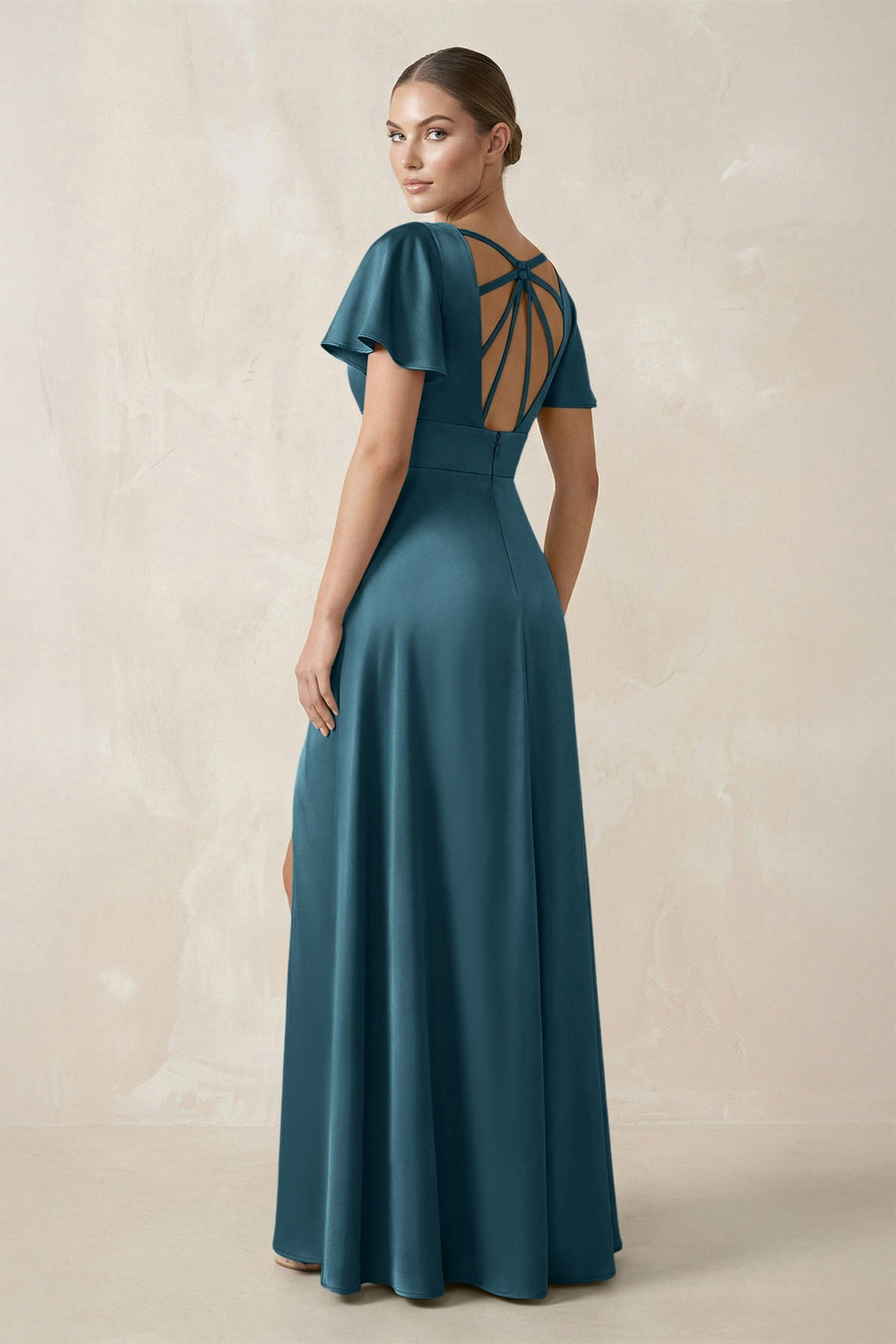Short Sleeve V - Neck A - Line Satin Bridesmaid Dress With Slit in Dark Teal - KISS BRIDAL Bridesmaid Dresses