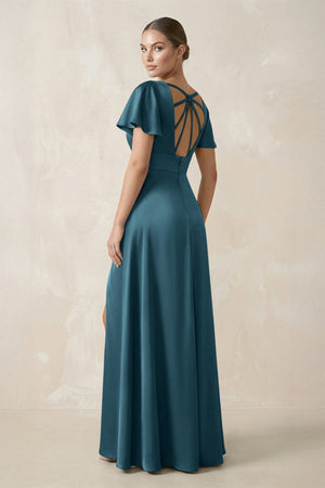 Short Sleeve V - Neck A - Line Satin Bridesmaid Dress With Slit in Dark Teal - SHE IS ME Bridesmaid Dresses