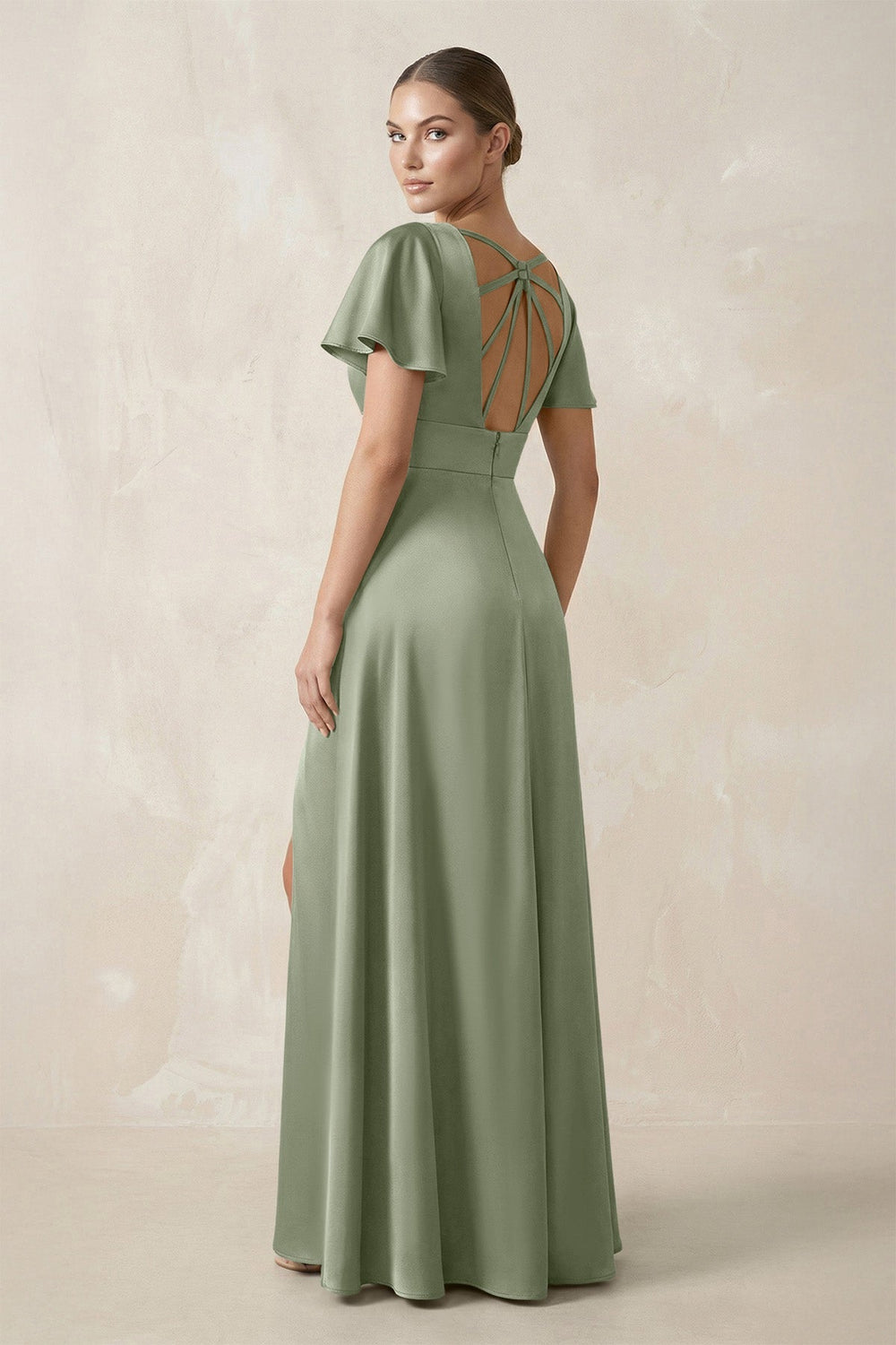 Short Sleeve V - Neck A - Line Satin Bridesmaid Dress With Slit in Dove Gray - KISS BRIDAL Bridesmaid Dresses