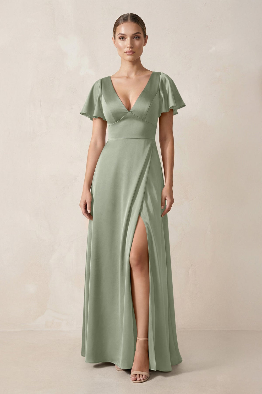 Short Sleeve V - Neck A - Line Satin Bridesmaid Dress With Slit in Dove Gray - KISS BRIDAL Bridesmaid Dresses