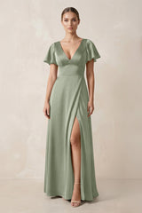 Short Sleeve V - Neck A - Line Satin Bridesmaid Dress With Slit in Dove Gray - KISS BRIDAL Bridesmaid Dresses