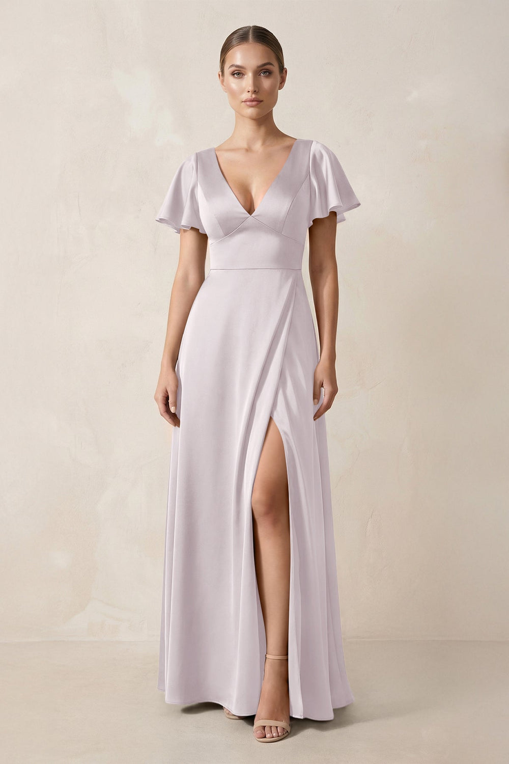 Short Sleeve V - Neck A - Line Satin Bridesmaid Dress With Slit in Dusk - KISS BRIDAL Bridesmaid Dresses