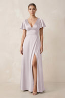Short Sleeve V - Neck A - Line Satin Bridesmaid Dress With Slit in Dusk - SHE IS ME Bridesmaid Dresses
