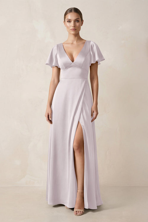 Short Sleeve V - Neck A - Line Satin Bridesmaid Dress With Slit in Dusk - SHE IS ME Bridesmaid Dresses