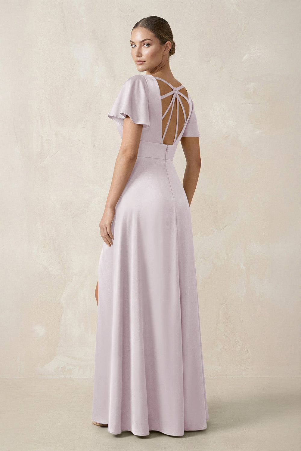 Short Sleeve V - Neck A - Line Satin Bridesmaid Dress With Slit in Dusk - KISS BRIDAL Bridesmaid Dresses