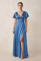 Short Sleeve V - Neck A - Line Satin Bridesmaid Dress With Slit in Dusty Blue - KISS BRIDAL Bridesmaid Dresses