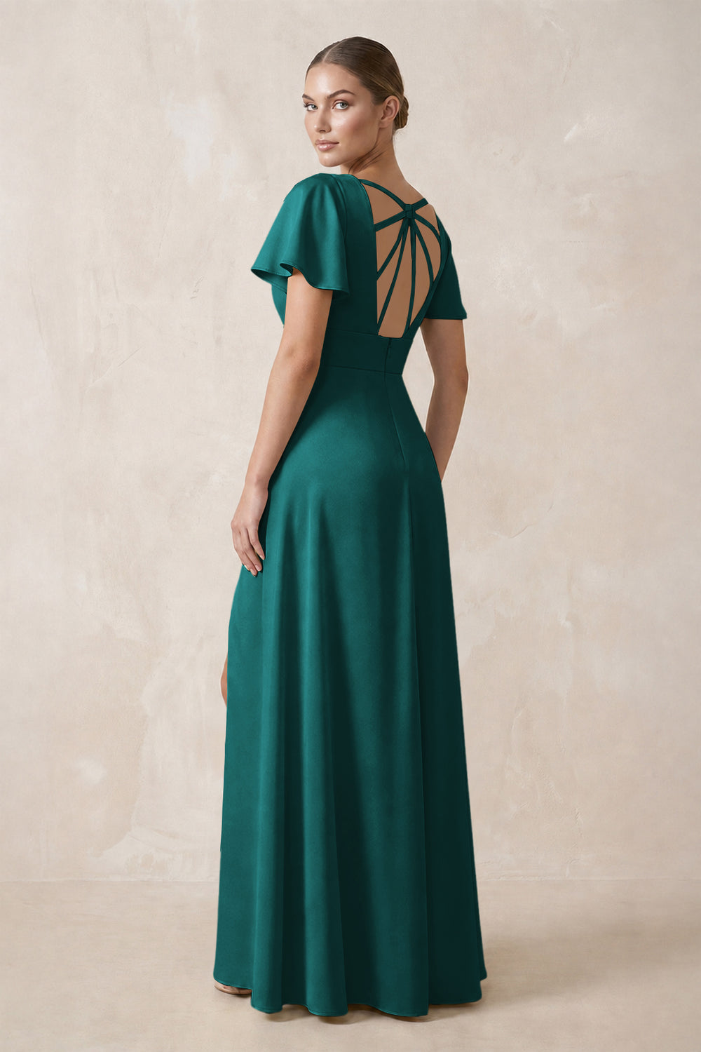 Short Sleeve V-Neck A-Line Satin Bridesmaid Dress With Slit in Emerald