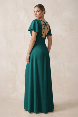Short Sleeve V-Neck A-Line Satin Bridesmaid Dress With Slit in Emerald (2) | KISSBRIDAL