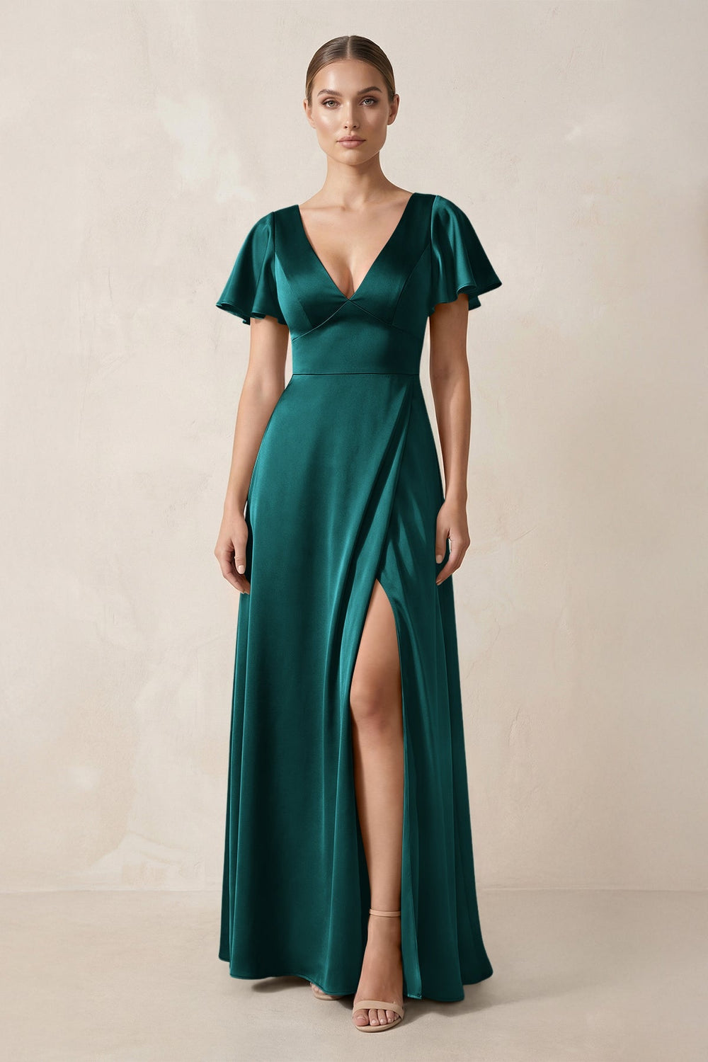Short Sleeve V - Neck A - Line Satin Bridesmaid Dress With Slit in Emerald - KISS BRIDAL Bridesmaid Dresses