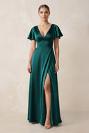 Short Sleeve V - Neck A - Line Satin Bridesmaid Dress With Slit in Emerald - KISS BRIDAL Bridesmaid Dresses